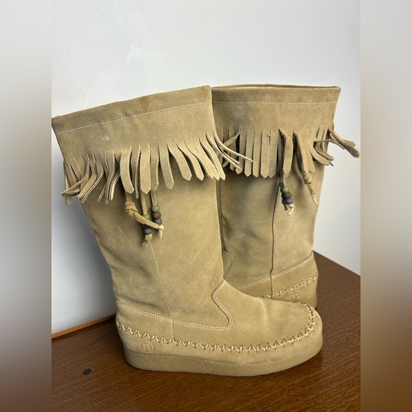 VTG Y2k Report Dubai Tan Suede Genuine leather Shoes Fringe platform Size 9 Wome - Picture 5 of 16